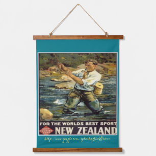 Tapiz Con Marco De Madera "Pesca en Nueva Zelanda-Vintage"