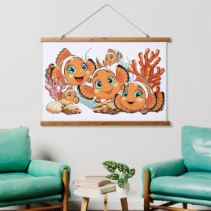Tapiz Con Marco De Madera Pez payaso Dibujo animado lindo Familia Subacuátic