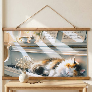 Tapiz Con Marco De Madera Piano de Ensueño Cottagecore con Gato bajo la Luz