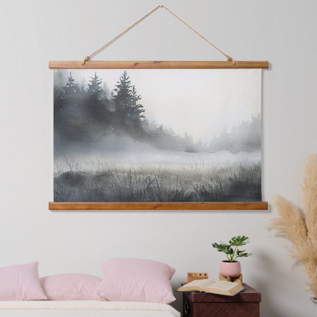 Tapiz Con Marco De Madera Pine Trees Presagia Niebla Baja (Dormitorio)