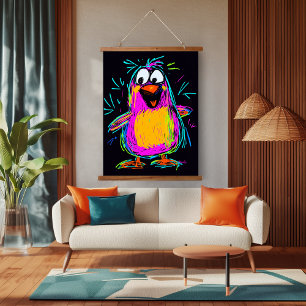 Tapiz Con Marco De Madera Pingüino de arte pop neón: juguetón y colorido