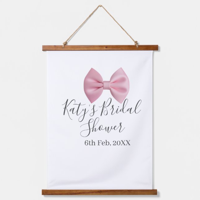 Tapiz Con Marco De Madera Pink bow bridal shower name date pastel stylish te (Anverso)