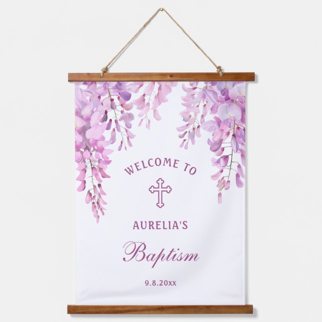 Tapiz Con Marco De Madera Pink Wisteria Baptism Welcome (Anverso)