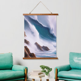 Tapiz Con Marco De Madera Pintado de majestuosas olas oceánicas