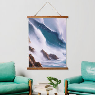 Tapiz Con Marco De Madera Pintado de majestuosas olas oceánicas