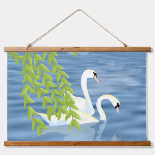 Tapiz Con Marco De Madera Pintando la pareja azul y verde de cisnes en el la