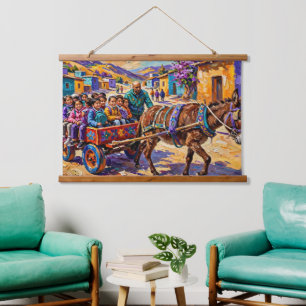 Tapiz Con Marco De Madera Pintura al óleo de niños de pueblo marroquí en car