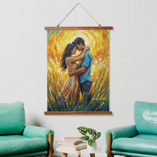 Tapiz Con Marco De Madera Pintura al óleo de romance de puesta de sol dorada