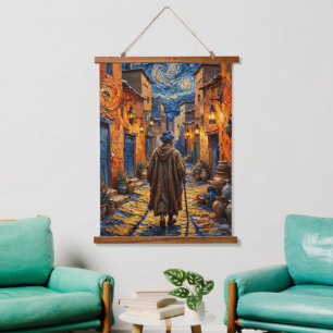Tapiz Con Marco De Madera Pintura al óleo impasto de Noche estrellada marroq