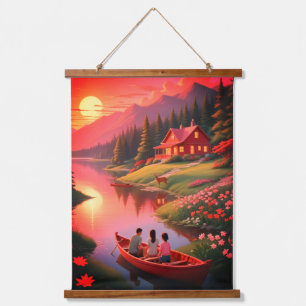 Tapiz Con Marco De Madera Pintura de atardecer con barco en el lago-68679