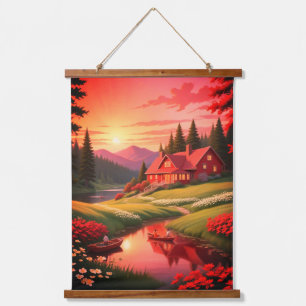 Tapiz Con Marco De Madera Pintura de atardecer con un lago-0000