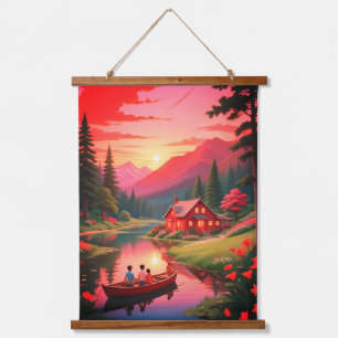 Tapiz Con Marco De Madera Pintura de atardecer con un lago y cabaña-68680