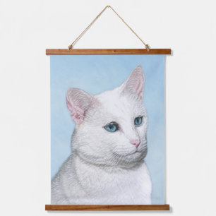 Tapiz Con Marco De Madera Pintura de gato blanco - Arte de gato original lin