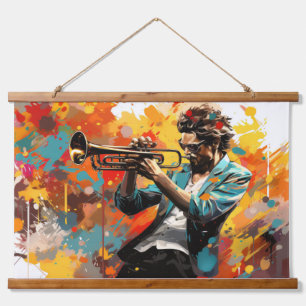 Tapiz Con Marco De Madera Pintura de música de jugador de trompeta resume de