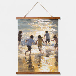 Tapiz Con Marco De Madera Pintura de niños alegres en la puesta de sol de la