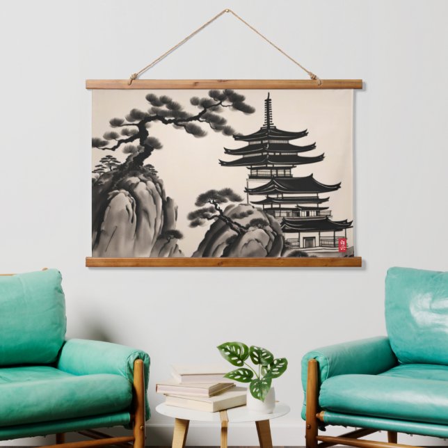 Tapiz Con Marco De Madera Pintura de tinta de paisajes japoneses (Sala de estar)