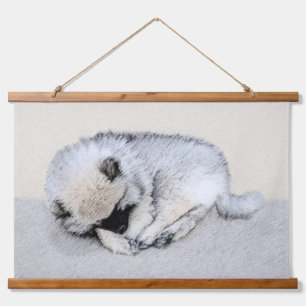 Tapiz Con Marco De Madera Pintura original de cachorro Keeshond durmiendo Ar