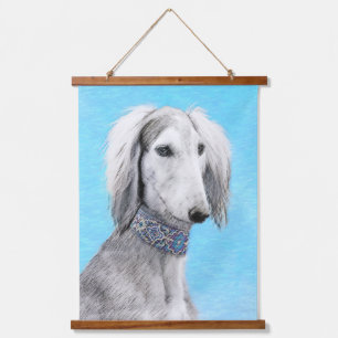Tapiz Con Marco De Madera Pintura Saluki (plateada) - Arte Perro Original.