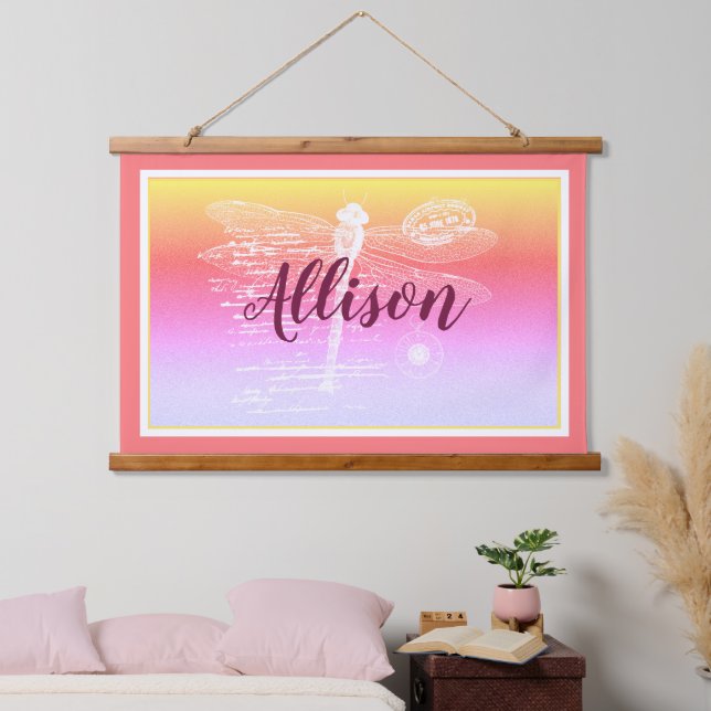 Tapiz Con Marco De Madera Pizarra gradiente libélula personalizada (Dormitorio)