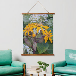 Tapiz Con Marco De Madera Planta de Leopardo Amarilla Flores e Hydrangea Flo