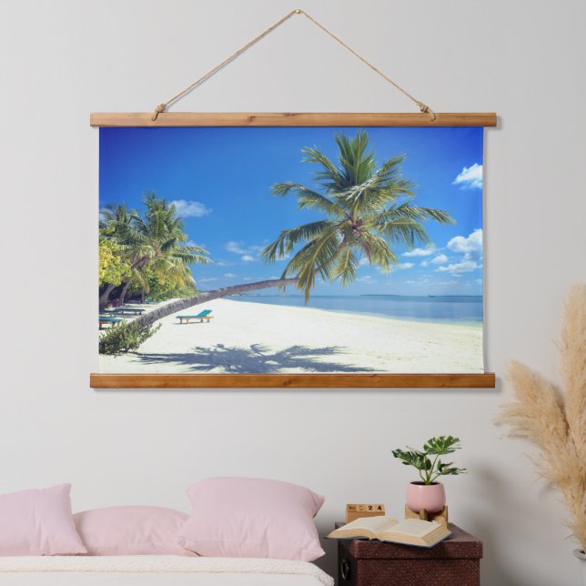 Tapiz Con Marco De Madera Playa de Isla Tropical con arena blanca y palmeras (Dormitorio)