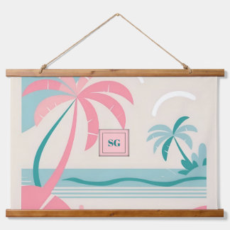 Tapiz Con Marco De Madera Playa tropical con palmeras verde azuladas rosas