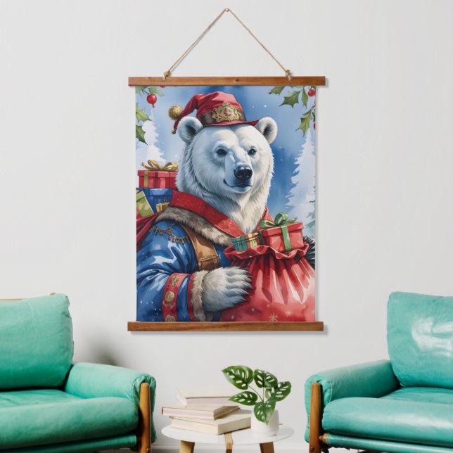 Tapiz Con Marco De Madera Polar Bear Santa Christmas Design (Sala de estar)