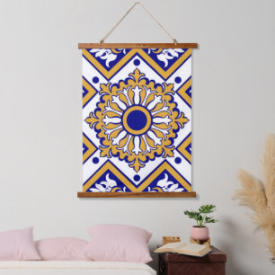 Tapiz Con Marco De Madera Portuguese Blue Yellow Mediterranean Floral