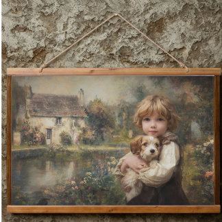 Tapiz Con Marco De Madera Póster de cabaña antigua con niño y cachorro