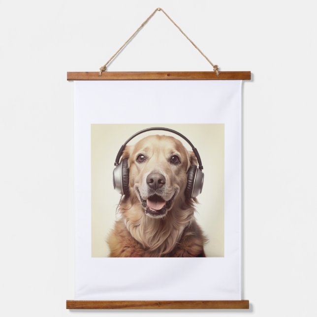Tapiz Con Marco De Madera poster de diseño de perro con auriculares (Anverso)