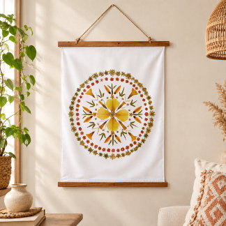 Tapiz Con Marco De Madera Prensa de Flor de Mandala Amarillo de Arte Origina