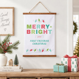 Tapiz Con Marco De Madera Primera Navidad Alegre y Brillante Personalizada p