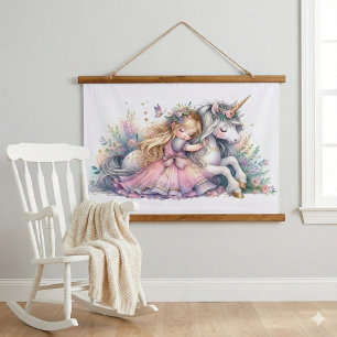 Tapiz Con Marco De Madera Princesa Unicornio Pastel Cuento de Hadas Fantasía