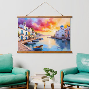 Tapiz Con Marco De Madera Puesta de sol en pueblo costero mediterráneo