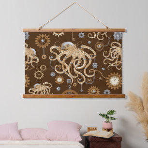 Tapiz Con Marco De Madera Pulpo Steampunk Retro Fantasía Mecánica