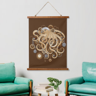 Tapiz Con Marco De Madera Pulpo Steampunk Retro Fantasía Mecánica