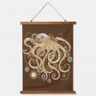 Tapiz Con Marco De Madera Pulpo Steampunk Retro Fantasía Mecánica