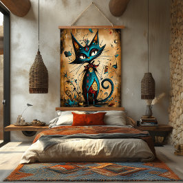 Tapiz Con Marco De Madera Quirky Abstract Cat Character Art
