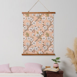 Tapiz Con Marco De Madera Ramas de Sakura de Melocotón Botánico Floral Blanc
