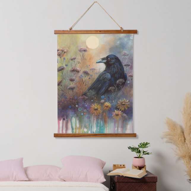 Tapiz Con Marco De Madera Raven pintado a mano con flores silvestres (Dormitorio)