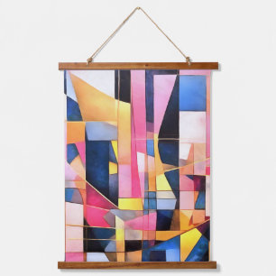 Tapiz Con Marco De Madera Rectángulos y Triángulos Abstracto Geométrico