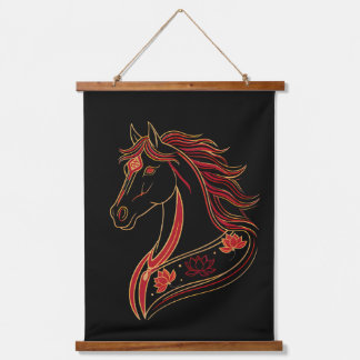 Tapiz Con Marco De Madera Red & Gold Horse with Lotus, Spiritual Symbolic 