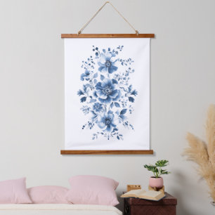 Tapiz Con Marco De Madera Regencia Toile Chinoiserie Acuarela Floral Azul