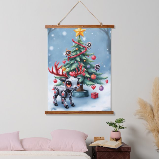 Tapiz Con Marco De Madera Reno ciberpunk lindo con árbol de Navidad (Dormitorio)
