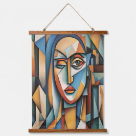 Tapiz Con Marco De Madera Retrato abstracto geométrico cubista vibrante