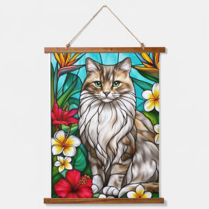 Tapiz Con Marco De Madera Retrato de gato en vidrio emplomado Gato elegante