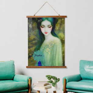 Tapiz Con Marco De Madera Retrato elegante de mujer fantastica en verde y az