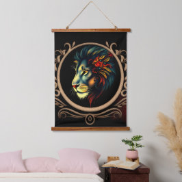 Tapiz Con Marco De Madera Retrato estilizado de cabeza de león en marco de M