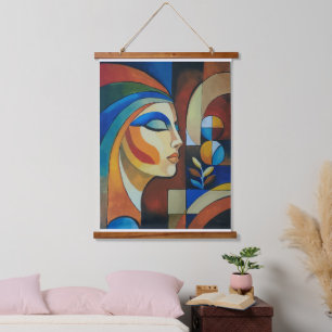 Tapiz Con Marco De Madera Retrato vertical de mujer cubista abstracto colori