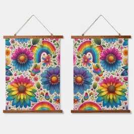 Tapiz Con Marco De Madera Retro Floral Hippie Arcoíris